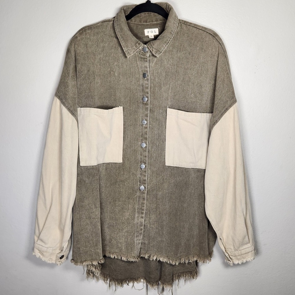 POL Womens Large Gray Color block Button Down‎ Oversized Shirt Jacket Frayed Hem